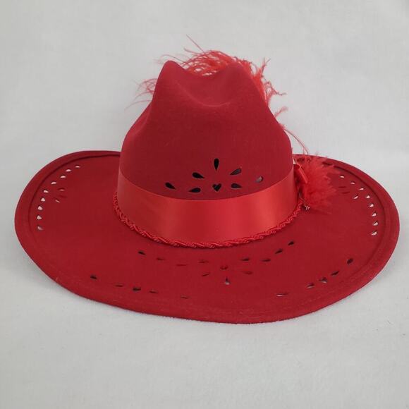 Vintage Nancy Hughes Hat Co Red Wool Satin Ribbon Bow Feather Lazer Cut 7-1/8 - Picture 2 of 12